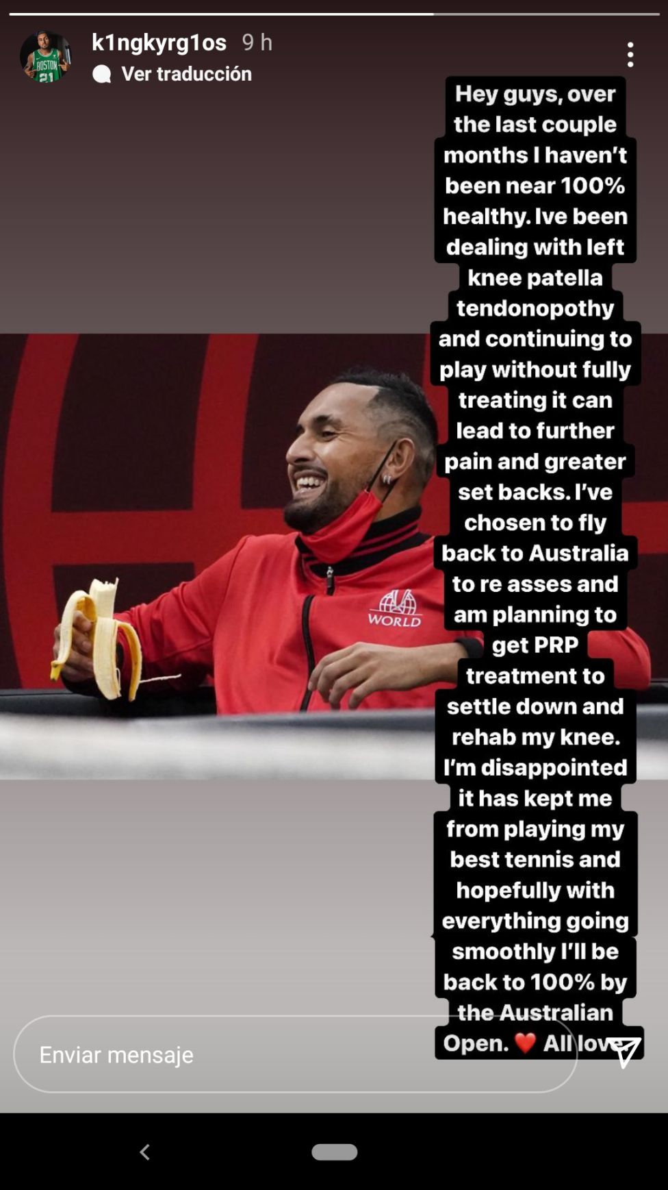 Kyrgios recurre a un método de Nadal para tratar su lesión de rodilla Kyrgios recurre a un método de Nadal para tratar su lesión de rodilla